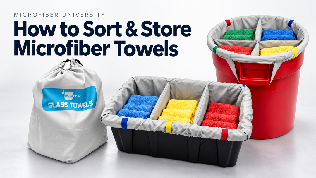 Autofiber Sort & Store bag, three-section bin organizer, and four-section Dirty Towel Separator with sorted microfiber towels.