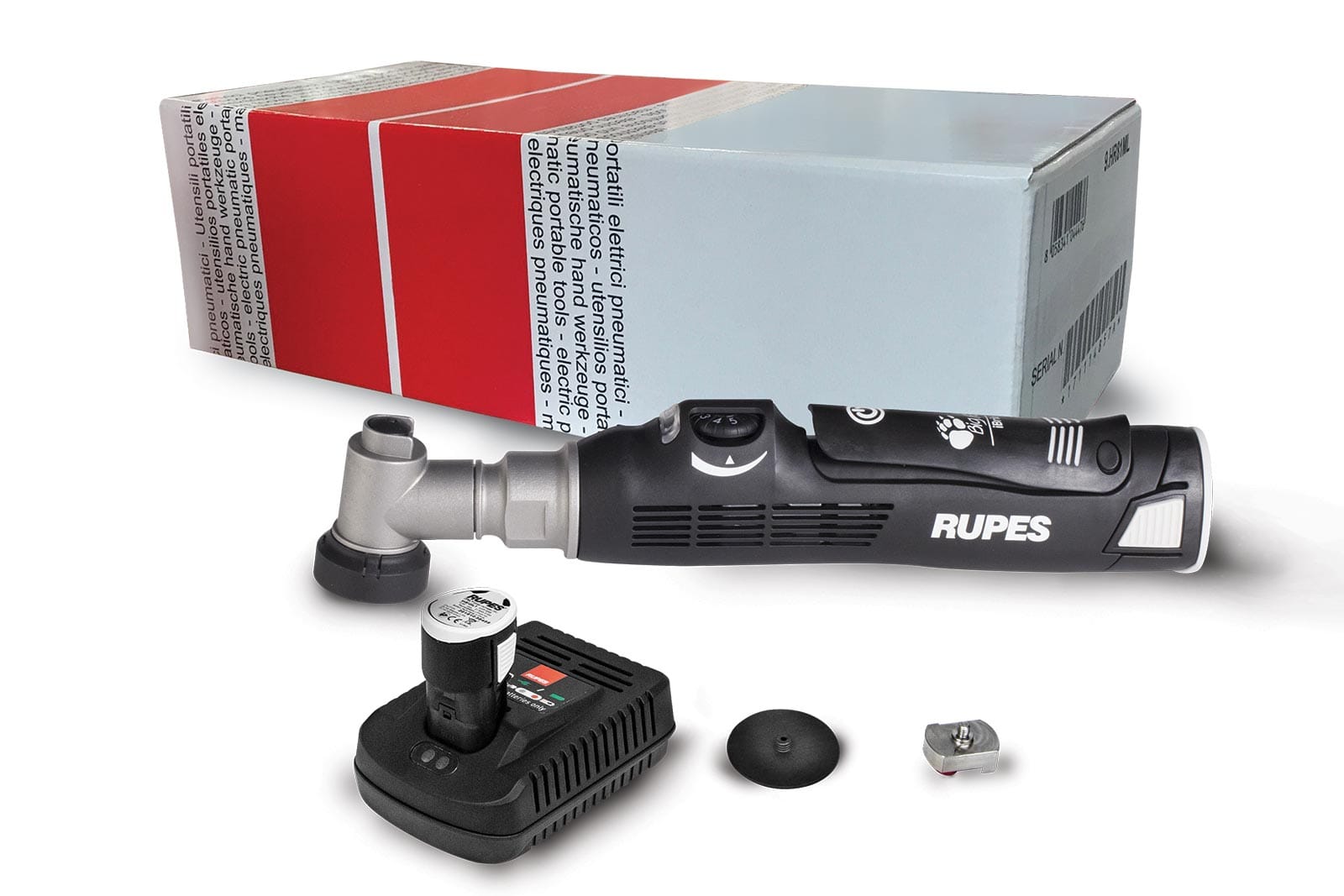 The image shows a RUPES iBrid Nano Polisher with a short neck, displayed alongside its box and various attachments, indicating its versatility and compact design.