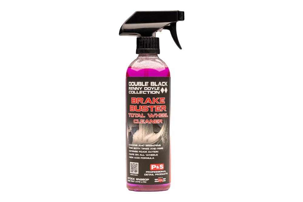 A pink spray bottle with black text labeled P&amp;S Brake Buster Wheel Cleaner.