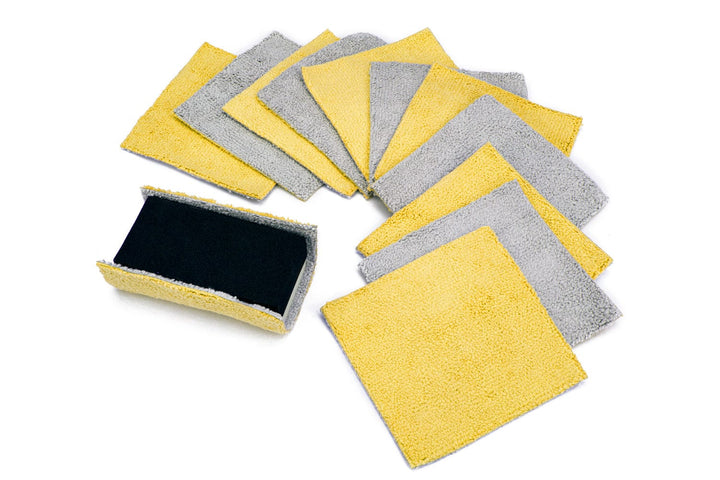 Autofiber Applicator 1 Block + 12 Gold/Gray Sheets [Saver Block &amp; Refill] Coating Applicator Foam Block with Side Velcro and Refill Saver Sheets with Barrier Layer (3.5 in. x 2 in. x 1 in.) - 12 pack