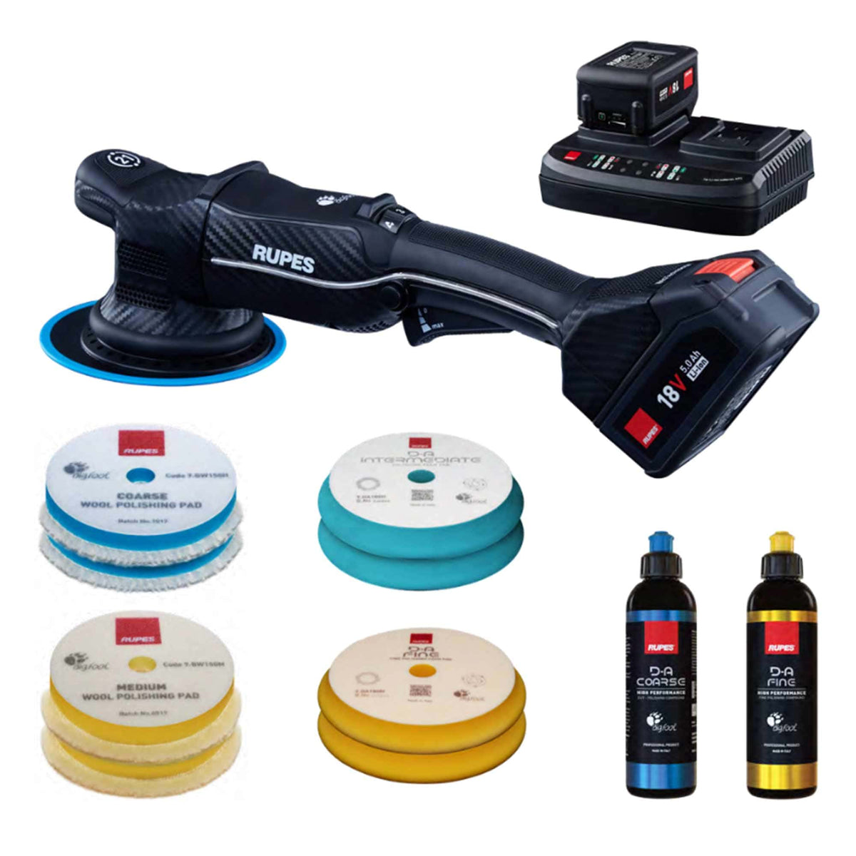 An image showcasing the RUPES HLR21 BigFoot iBrid Polisher kit which includes a black and blue polisher tool, two batteries, a dual battery charger, multiple foam polishing pads in blue and yellow, and bottles of polishing compound.