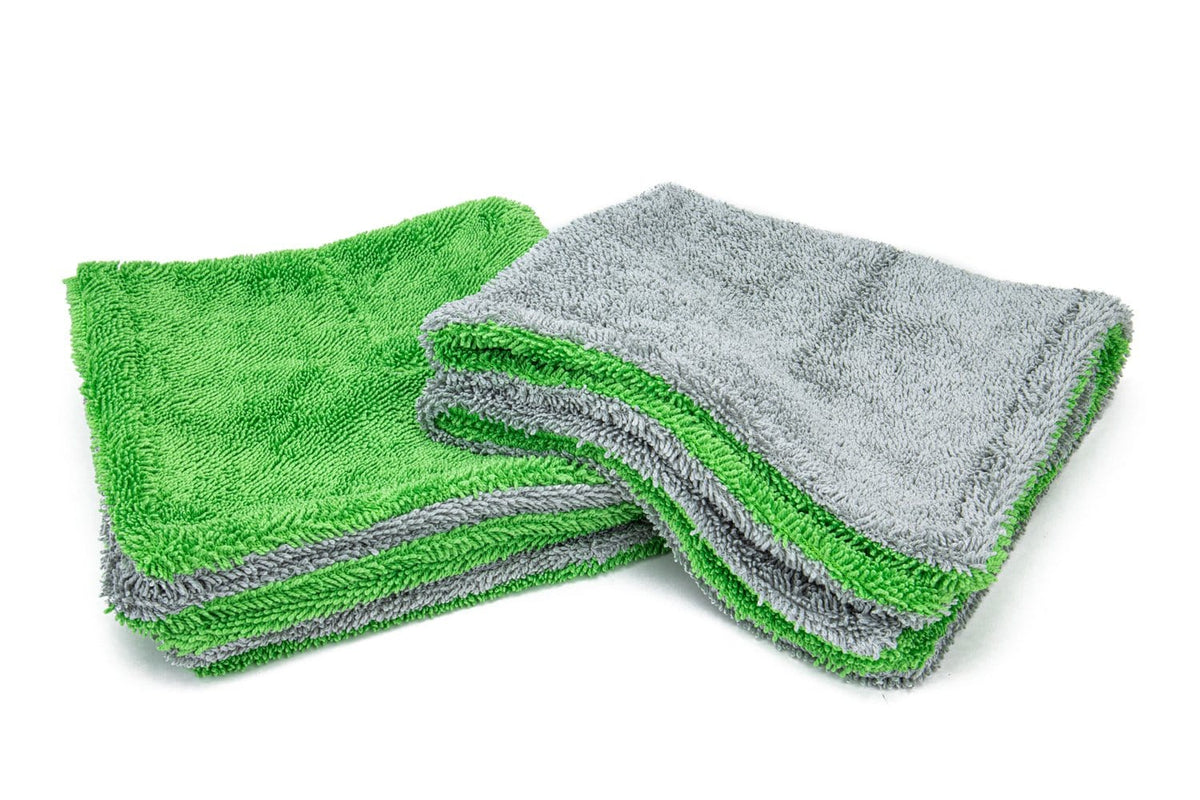Autofiber Towel Green/Gray Dreadnought Jr. - Microfiber Double Twist Pile Detailing Towel (16 in. x 16 in., 1100gsm) - 2 pack